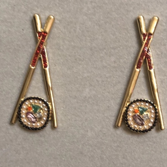 BaubleBar Gold Tone Chopsticks & Sushi Roll Drop Earrings Crystal Accents NIB - Picture 7 of 10